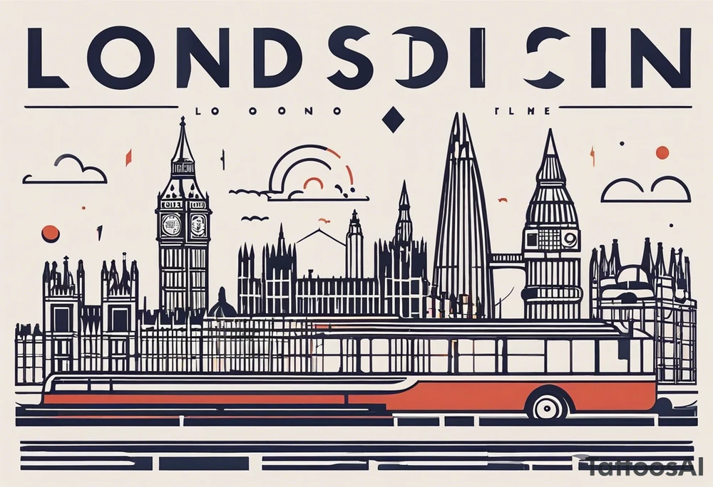 A minimalistic, abstract design capturing the architectural essence and vibe of London. Key elements of London’s skyline and structure are hinted at with clean lines, and subtle detailing includes personal touches, like a nod to Feid’s signature look (hat, glasses, mustache), integrated discreetly to honor a memorable concert experience. tattoo idea