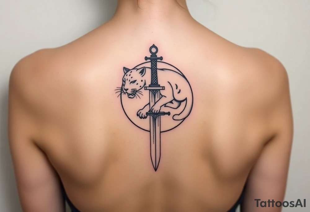 mystical panther around an ancient dagger with jeweled hilt tattoo idea