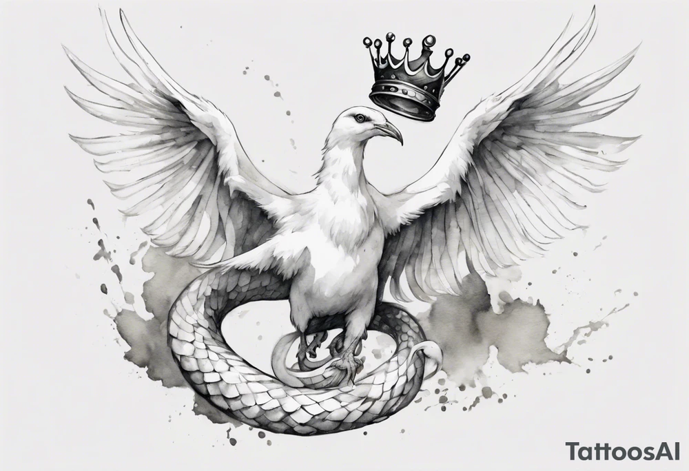 a white bird-serpent hybrid, wearing a small crown, flying in the air tattoo idea