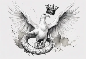 a white bird-serpent hybrid, wearing a small crown, flying in the air tattoo idea
