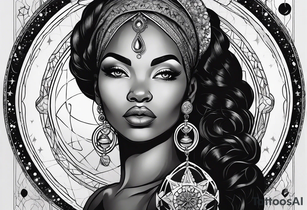 Black woman, enlightenment, wisdom, astronomy, cancer zodiac, natural, full arm tattoo idea