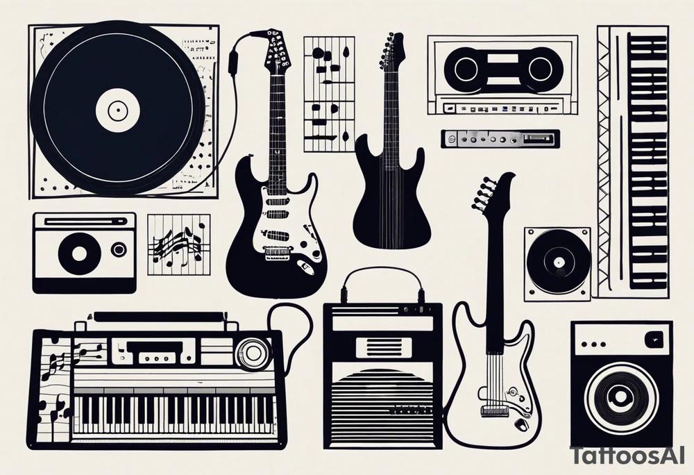 A stylized assembly of various music-related elements. At the center is a cassette tape with realistic details and proportions. It is overlaid with a keyboard, the keys extending outward on one side. There are electric guitars and drums. Intertwined with these are abstract designs, including straight and wavy lines, geometric shapes like triangles, and scientific elements like an atom model. tattoo idea