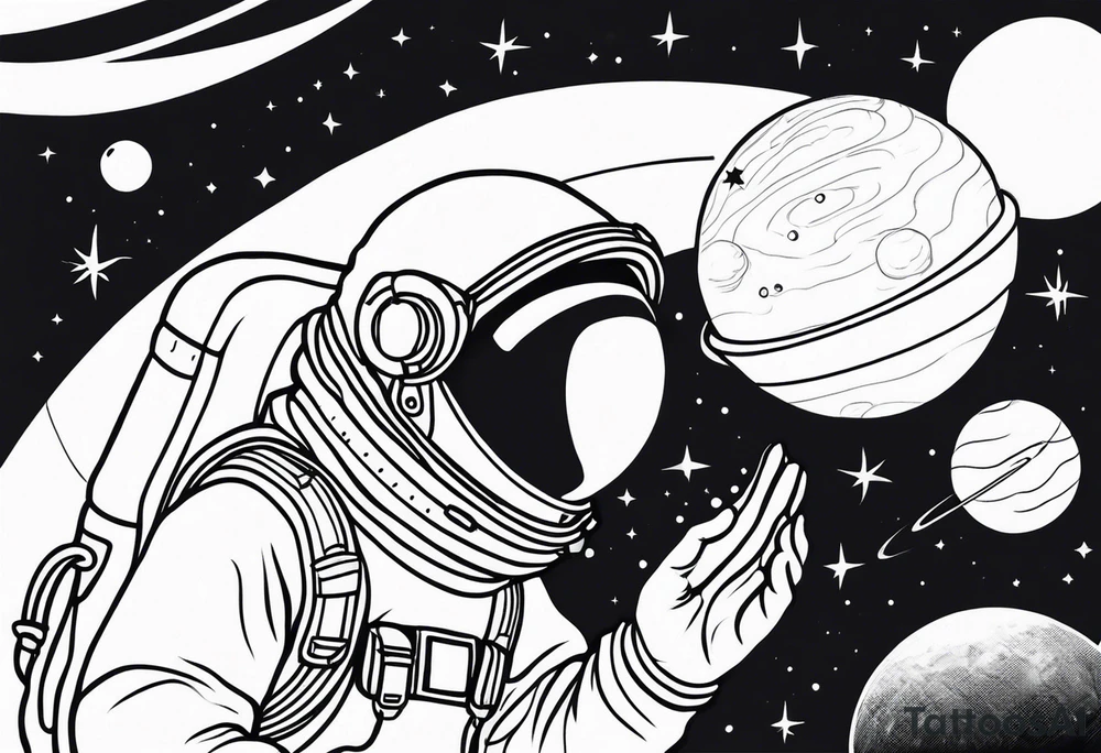 an astronaut hunched over in space from the back holding a planet in his hands tattoo idea