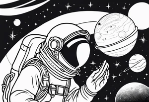 an astronaut hunched over in space from the back holding a planet in his hands tattoo idea