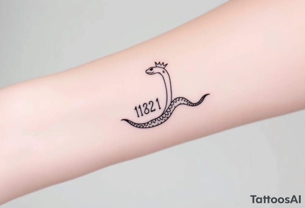 I want a small simple silhouette lines black and white wrist princess like snake tattoo that has number 12821 on its body along and also I want it to represent feminine energy crown queen Cycle tattoo idea