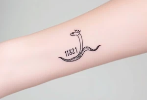 I want a small simple silhouette lines black and white wrist princess like snake tattoo that has number 12821 on its body along and also I want it to represent feminine energy crown queen Cycle tattoo idea