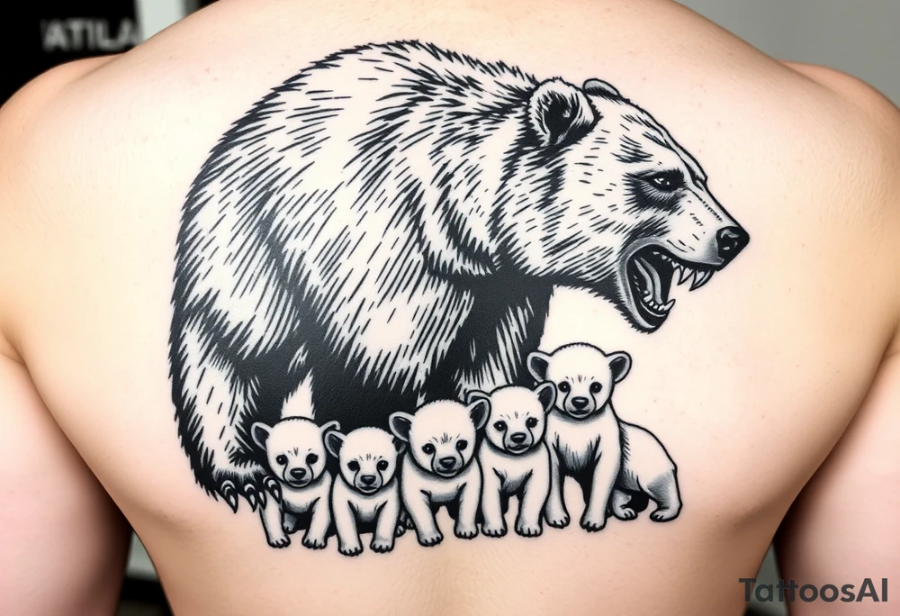 A grizzly bear fiercely growling, looming over 4 cubs 3 girls and a boy. tattoo idea