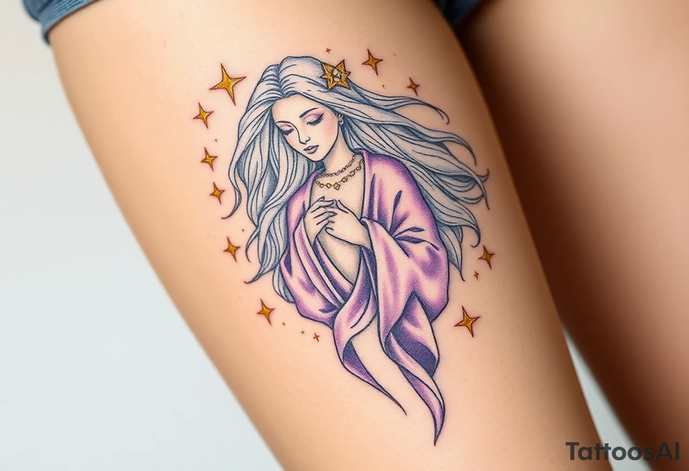 A celestial Virgo goddess with flowing silver hair, dressed in a flowing lavender robe, surrounded by golden stars and virgo astrological sign tattoo idea