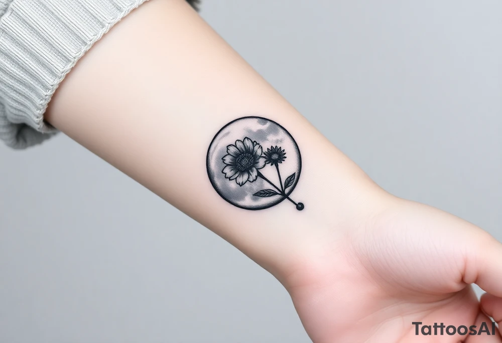 Small black and white tattoo full moon with small chrysanthemum and tiny scorpio gliph inside moon tattoo idea