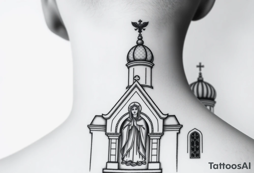 Flowing Scene

A onion domes orthodox church
Virgin Mary in prayer pose on the front doors of the russian orthodox church 
A small double headed russian coat of arms eagle or just the star tucked above the dome near the hairline tattoo idea