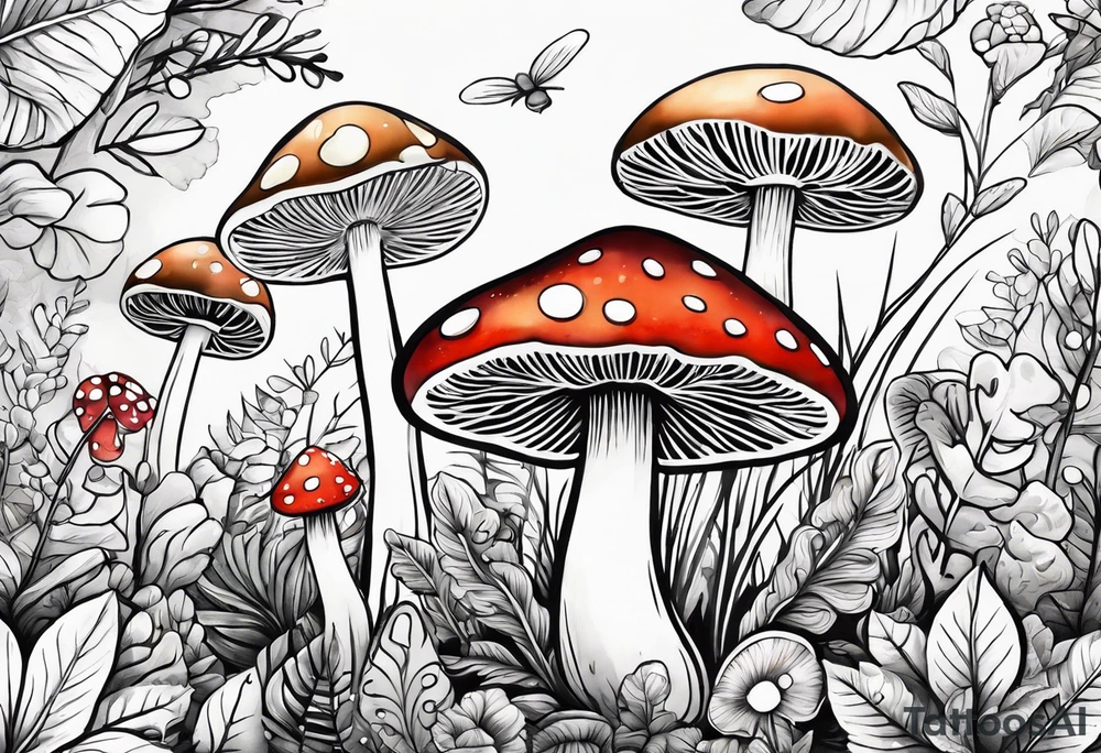 Happy mushroom surrounded by smaller plants tattoo idea