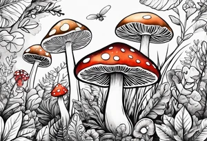 Happy mushroom surrounded by smaller plants tattoo idea