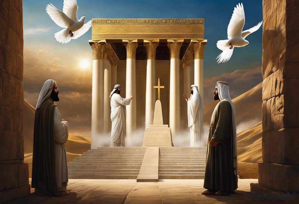 A surreal and dramatic scene featuring two figures: Cyrus the Great and Jesus Christ, standing side by side. The tomb of Cyrus the Great is in the background, partially visible, symbolizing history and legacy. A white dove is flying gracefully above or near them, symbolizing peace. The image is integrated seamlessly to create a powerful and unified visual representation. The composition should evoke a sense of reverence, unity, and tranquility. tattoo idea
