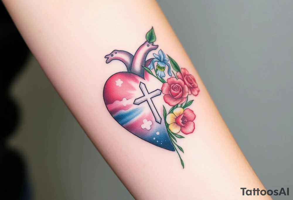 tattoo with heart
: one side representing death and the other life. (from death to life) with a simple cross down the middle. The life side I'd like the following flowers growing out of it: Morning Glory, Lily of the Valley, Daffodil, Rose, Poppy, and Iris tattoo idea