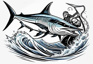 viking superhero catching a blue marlin with tuna jumping tattoo idea