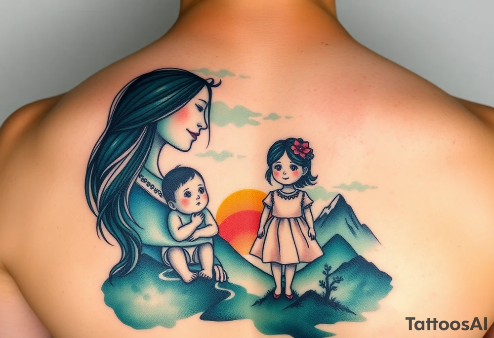 Family 2 parents, 1 baby boy, one young girls with colour around the caracters and empty caracters and sunrise and mountains tattoo idea