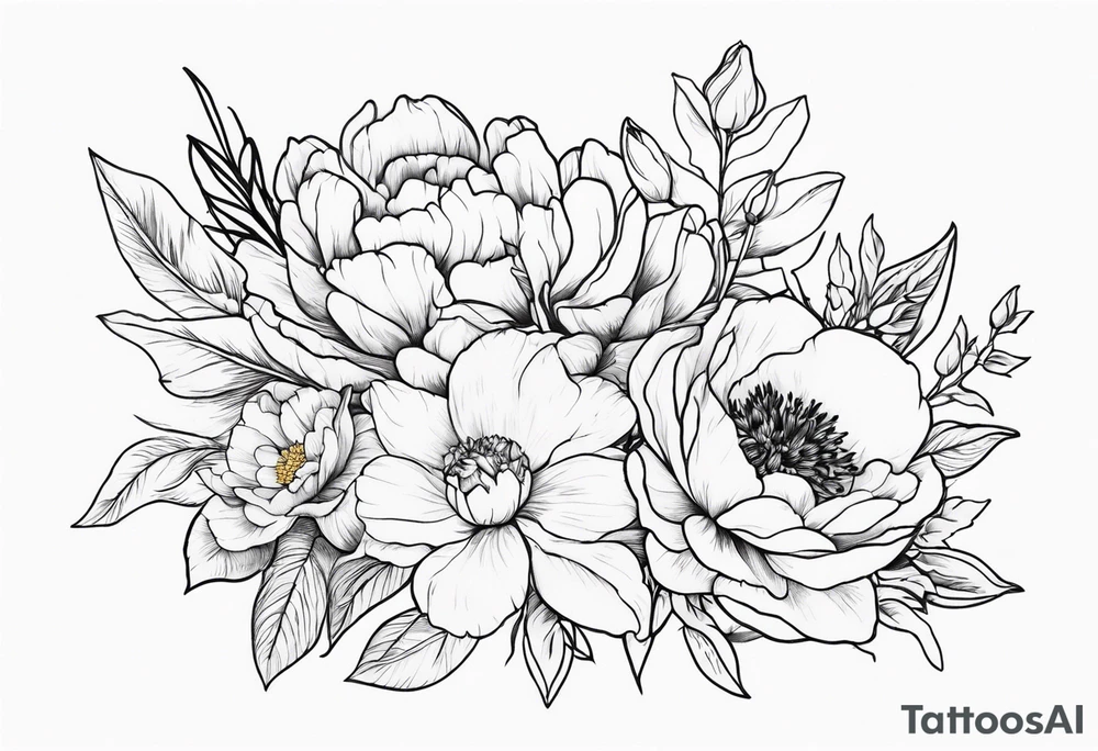 flower bouquet with a peony, larkspur, rose, and daffodil tattoo idea