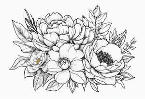 flower bouquet with a peony, larkspur, rose, and daffodil tattoo idea
