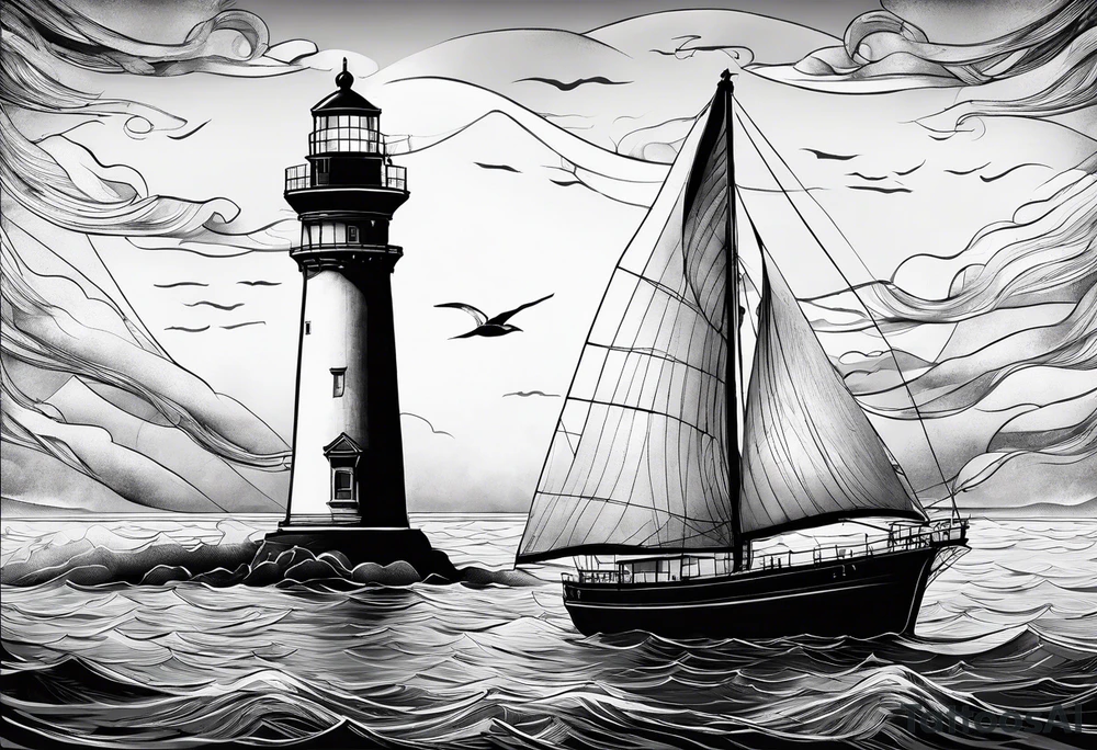 maritime lighthouse partially hidden by its large fixed sail. calm sea reflection. tattoo idea
