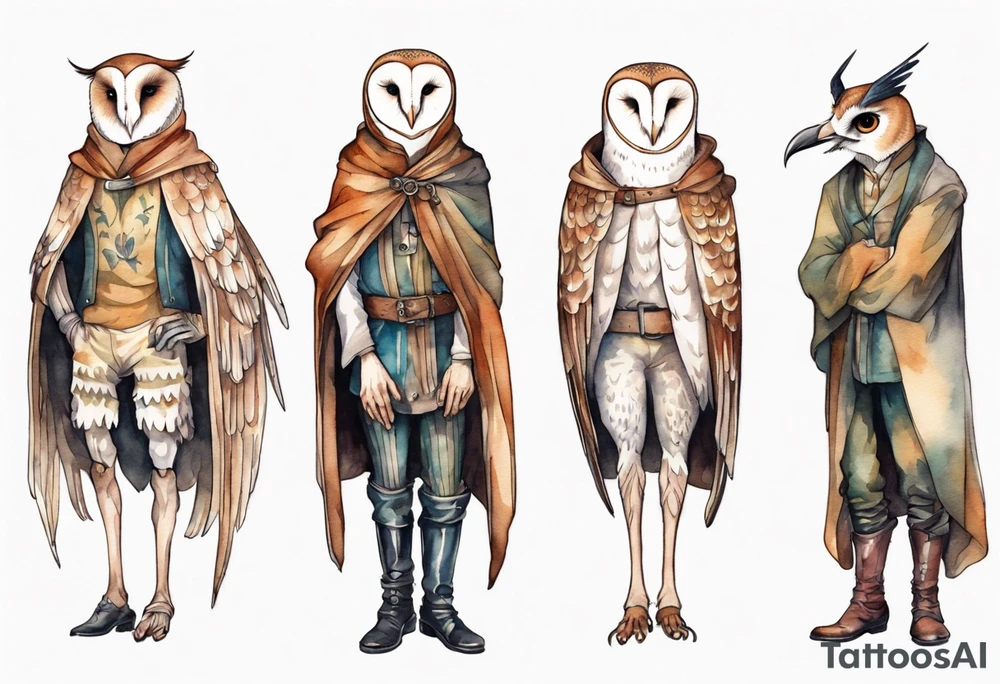 a thin man with long legs and the head of a barn owl wearing medieval pants and boots tattoo idea