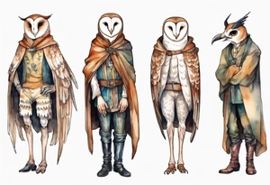 a thin man with long legs and the head of a barn owl wearing medieval pants and boots tattoo idea
