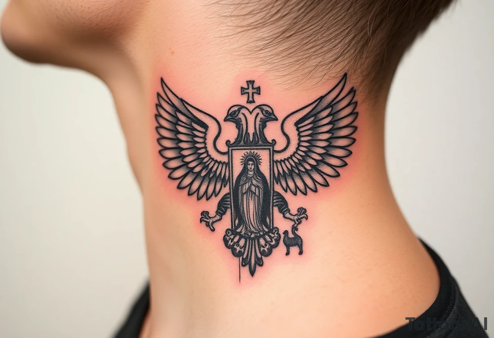 russian coat of arms double headed eagle traditional christian orthodox cross with a virgin mary stood in the entrance of a russian orthodox dome church on the side of the neck in a wilderness setting tattoo idea