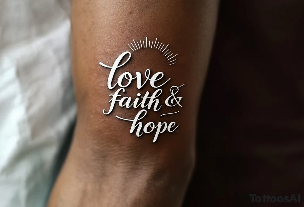 Tattoo in white ink on dark skin, featuring delicate serif lettering and a silver-lined halo above the word "love faith hope. tattoo idea