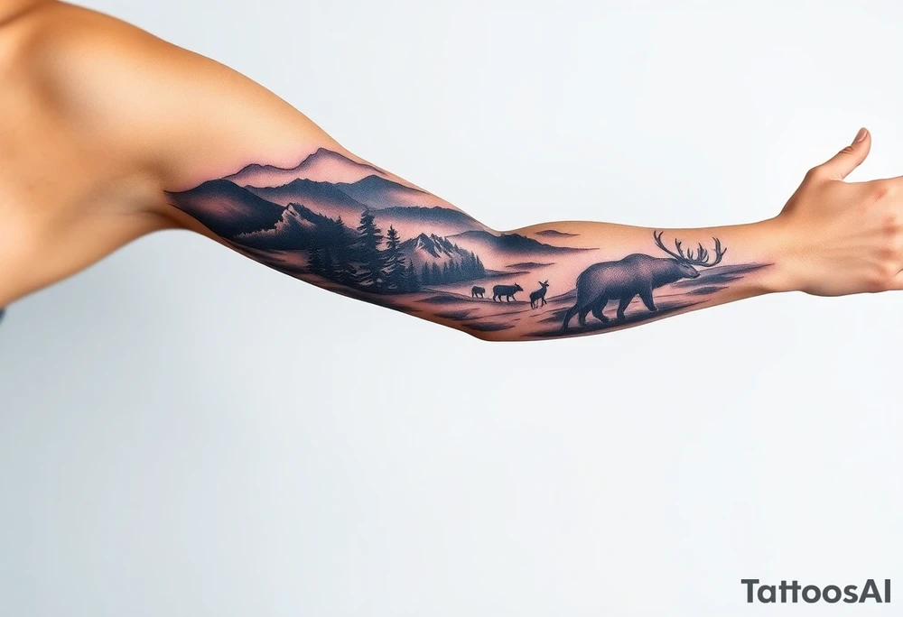 A full-sleeve with the Härjedalen landscape, reindeer, bear, lakes tattoo idea