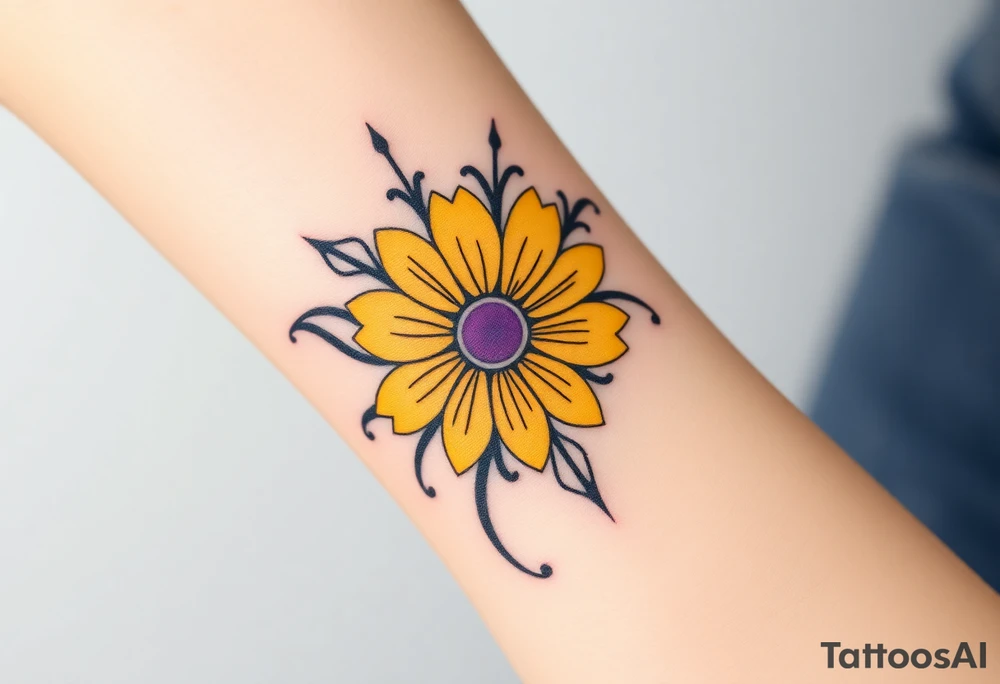 Yellow daisy flower with Purple Hearts tattoo idea