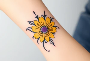 Yellow daisy flower with Purple Hearts tattoo idea