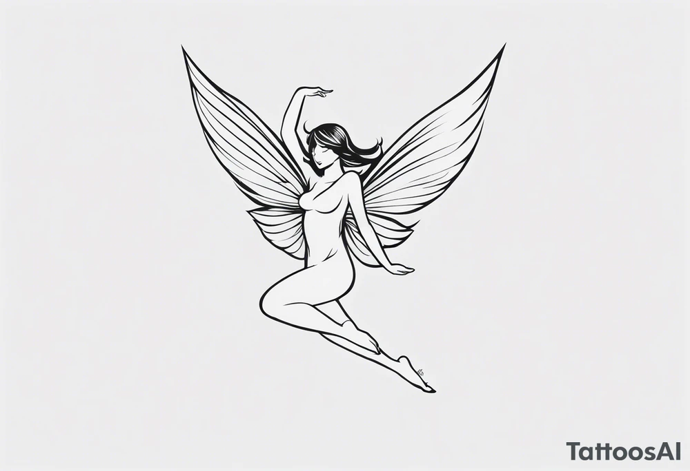 Minimalistic, monochromatic fairy with a tail flying to the left in a fetal position, leaning and looking in the same direction, with visible hands, embodying the 'Fairy Tail' logo aesthetic. tattoo idea