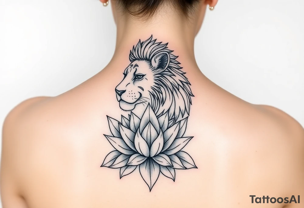 Simple lioness with lotus flower tattoo idea