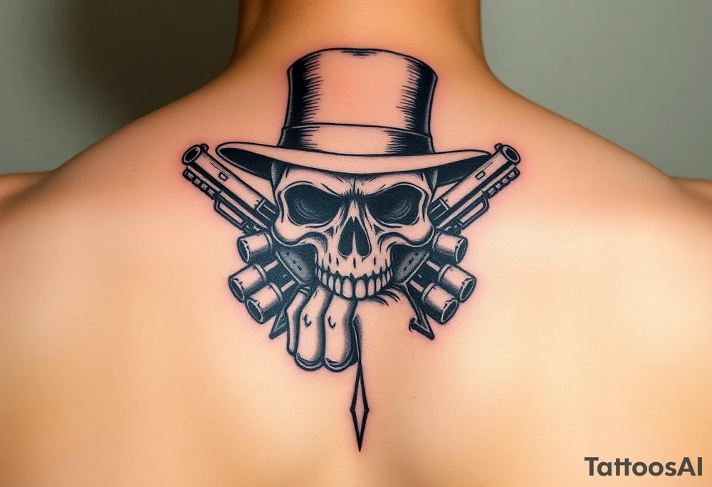 voodoo skull, top hat, dead mans card hand, six guns tattoo idea