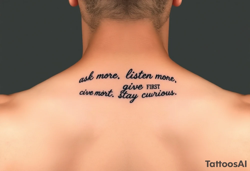a tattoo on a man's front left clavicle that reads ask more. listen more. give more. love first. stay curious. tattoo idea