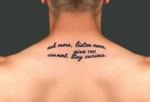 a tattoo on a man's front left clavicle that reads ask more. listen more. give more. love first. stay curious. tattoo idea