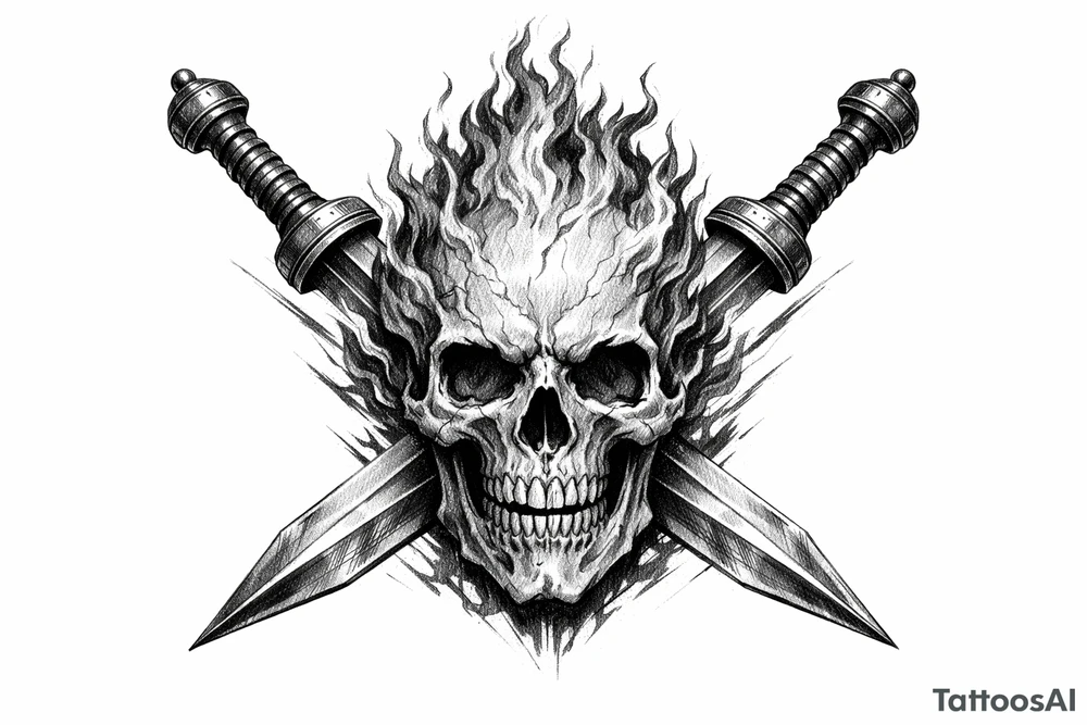 A skeletal head ablaze, framed by crossed gladius swords. tattoo idea