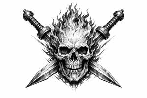 A skeletal head ablaze, framed by crossed gladius swords. tattoo idea