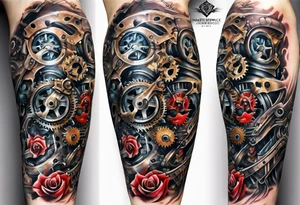 Gears cogs pistons full length arm sleeve tattoo idea