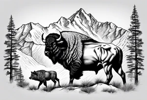 mountains cowboy bison wolf tattoo idea