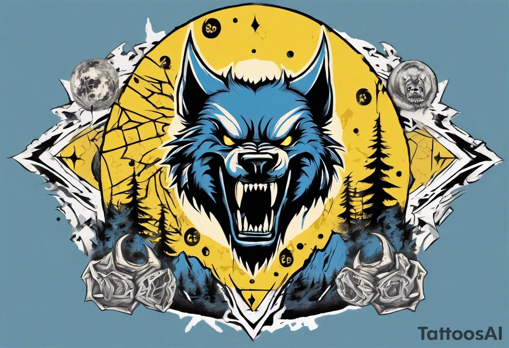 A large 20 sided Dice in the center with numbers and wolverine claw marks framing the area underneath the dice and a werewolf howling at the moon in the background, and blue and yellow faded background color tattoo idea