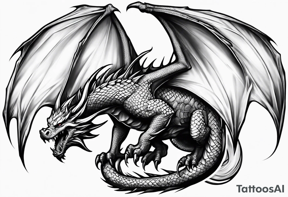 Realistic Medieval dragon climbing showing back tattoo idea