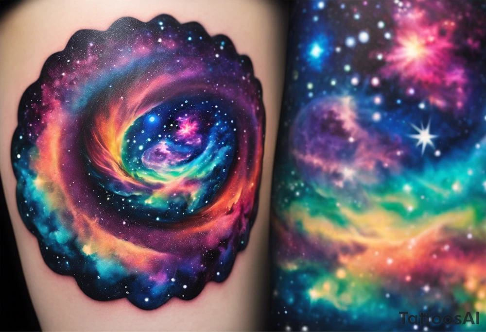 I want a spiral nebula space galaxy tattoo that's colorful and bright and cute and is nice to look at I don't want a traditional circle I want it like the ones thay look like an s shape and this tattoo will be on my left buttcheek and light colors I want more spread and less circle tattoo idea
