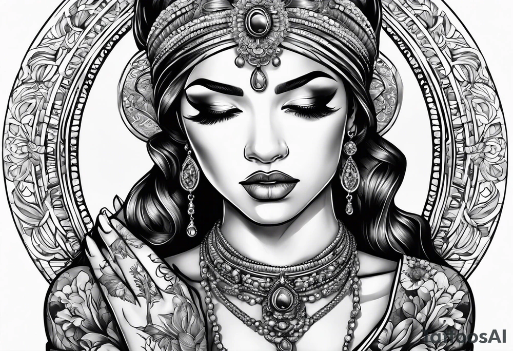 Praying woman with hands holding necklace tattoo idea