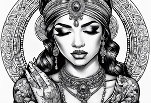 Praying woman with hands holding necklace tattoo idea
