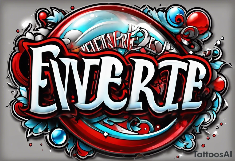 The name “EVERETT” in old school bubble graffiti with 3d effects with mostly red, black and white tattoo idea