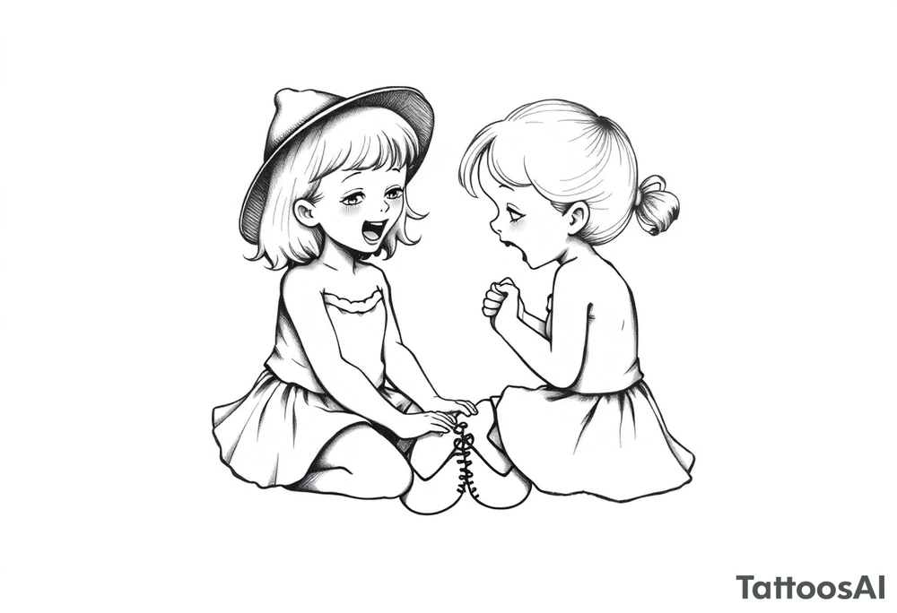 Zwei lachende kleine mädchen sitzen sich gegenüber eine hat einen Dutt die andere einen Zopf und sie berühren sich an den Fußsohlen seitenansicht tattoo idea