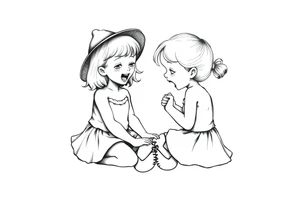 Zwei lachende kleine mädchen sitzen sich gegenüber eine hat einen Dutt die andere einen Zopf und sie berühren sich an den Fußsohlen seitenansicht tattoo idea