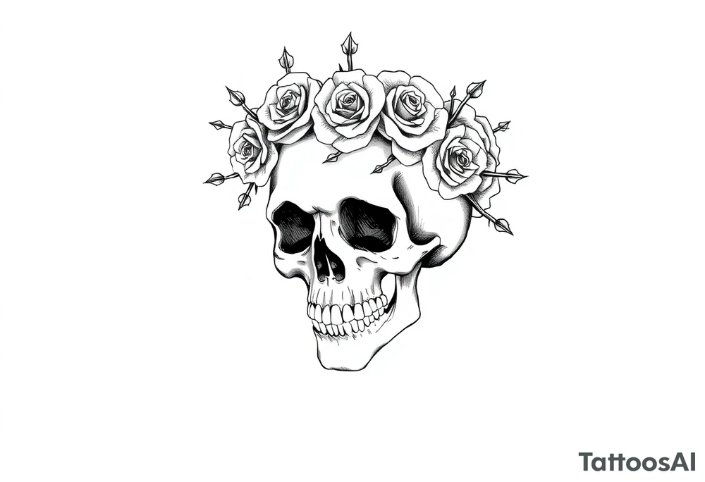 ornate skull adorned with crown of wild roses and thorns tattoo idea