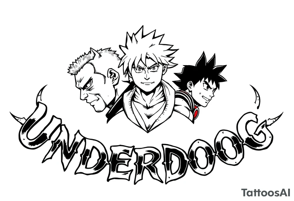 the word underdog in a with 3 anime characters Hajime no Ippo and Naruto and son Goku tattoo idea