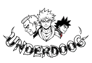 the word underdog in a with 3 anime characters Hajime no Ippo and Naruto and son Goku tattoo idea